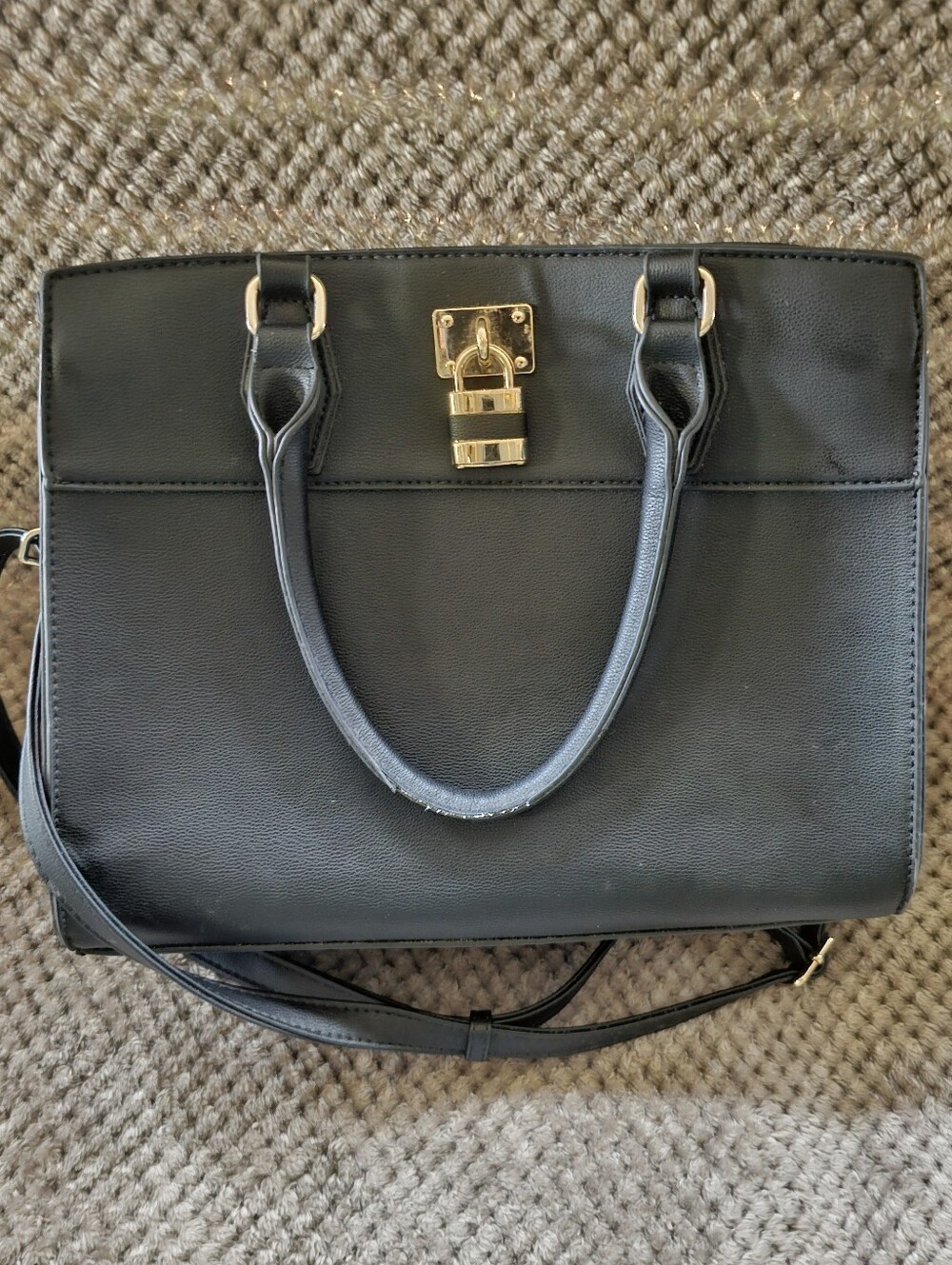 Black Elegant Structured Leather-like Satchel with Gold Lock